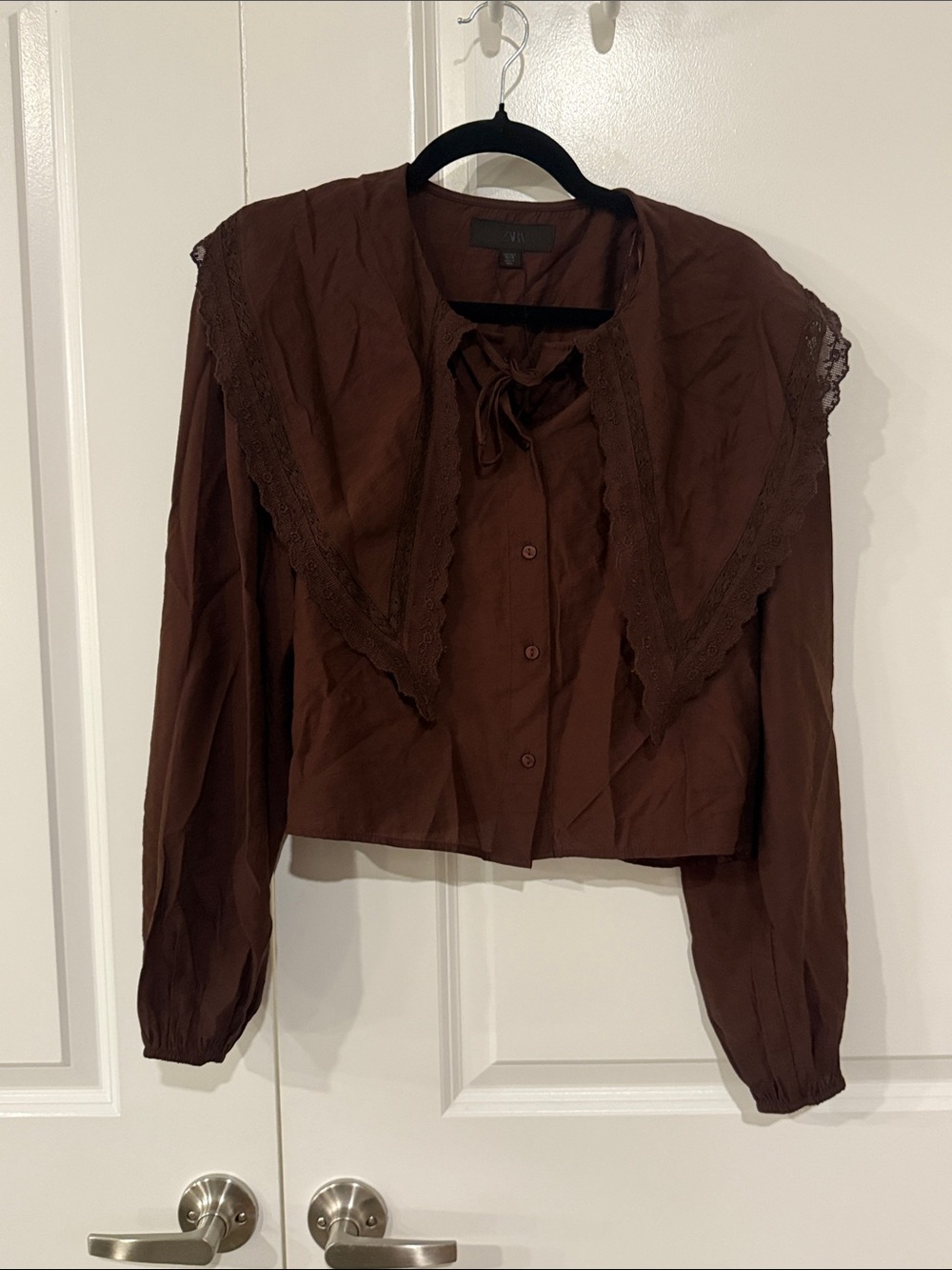 Zara Flowy Brown Lace-Trim Peter Pan Button-Down Blouse size S - Picture 1 of 9
